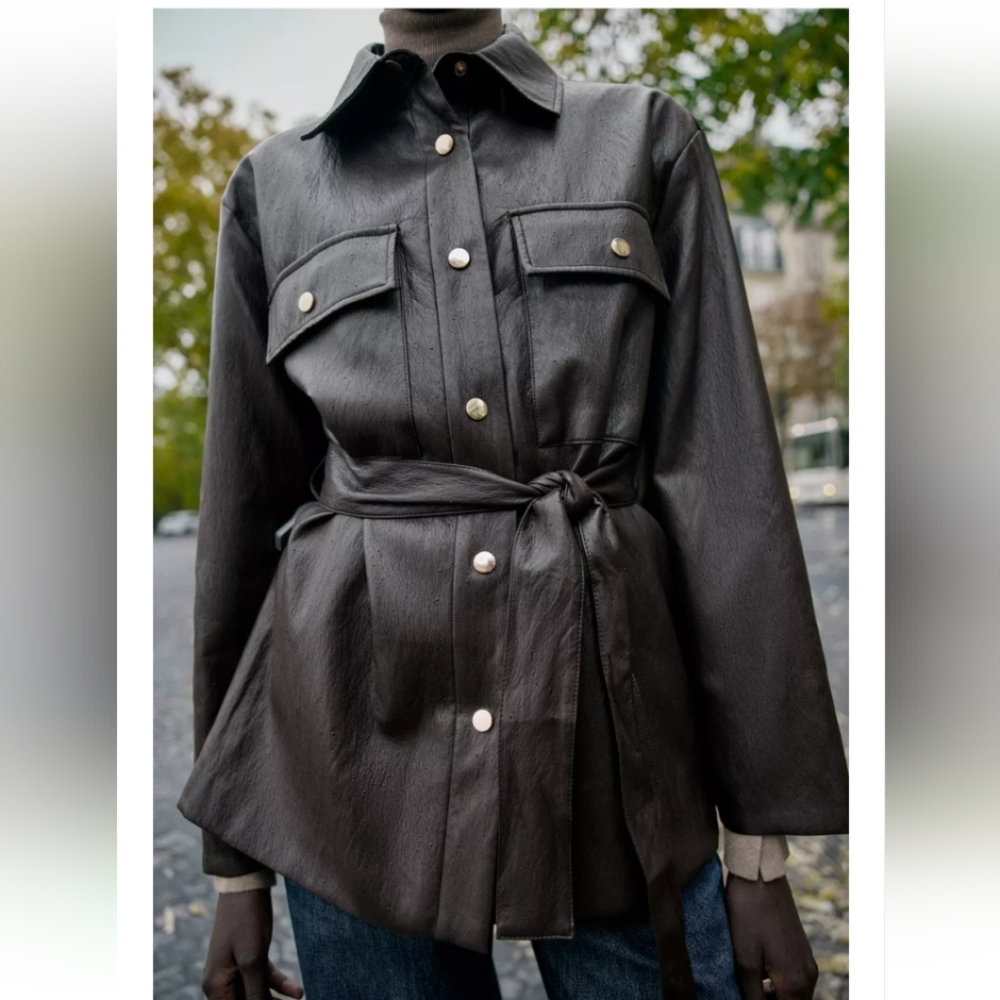 Zara Dark Brown Belted Leather Jacket